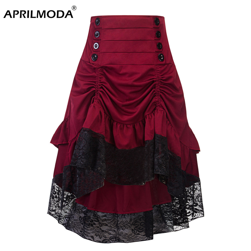 

costumes steampunk gothic skirt lace women clothing high low ruffle party lolita red medieval victorian punk skater button front, Black