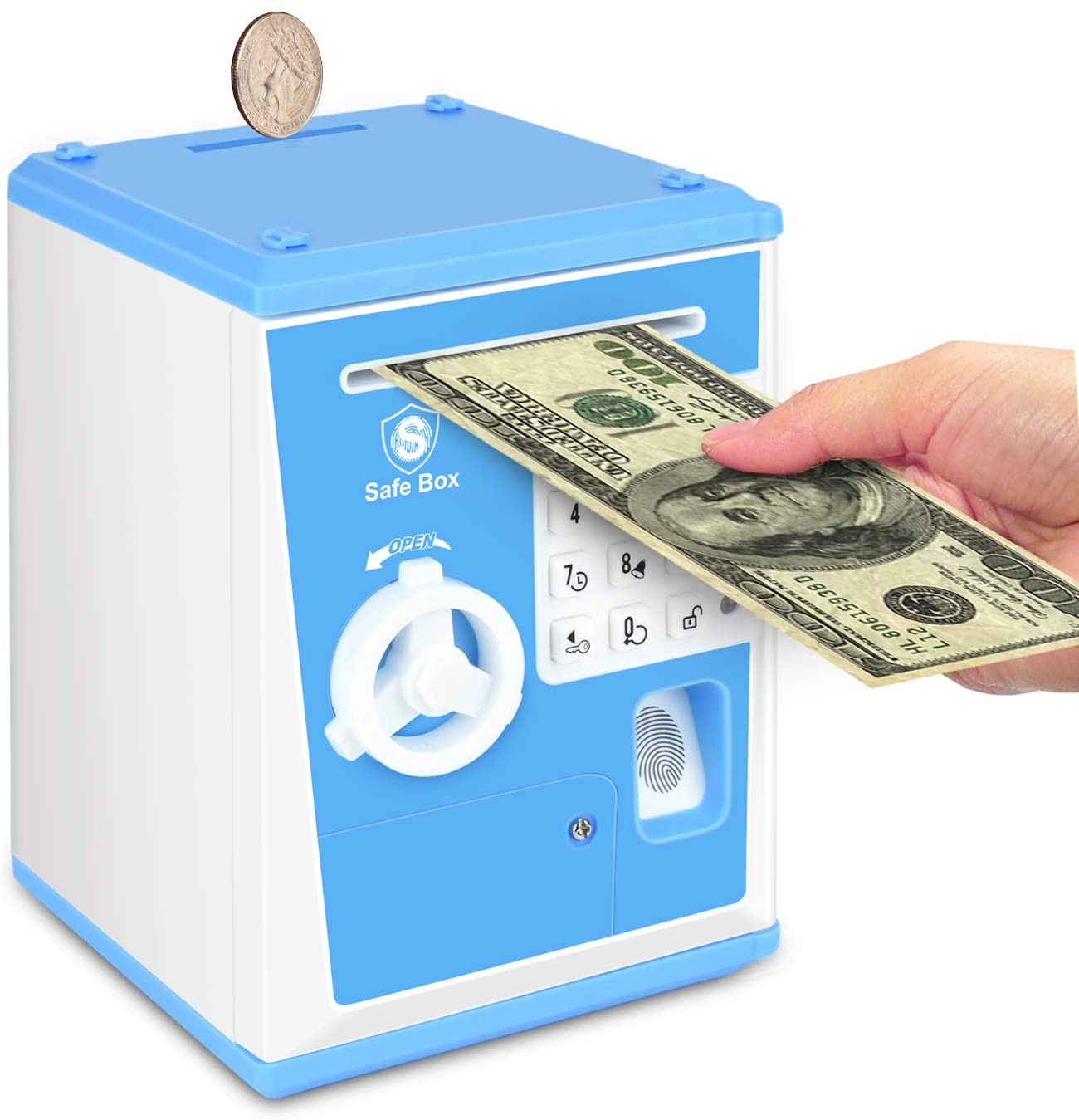 Lefree ATM Savings Bank,Money Bank with Electronic Auto Scroll Paper Cash,Simulate Fingerprint ATM Piggy Bank for Real Money,Alarm Clock and Broadcast Time Money Safe for Kids
