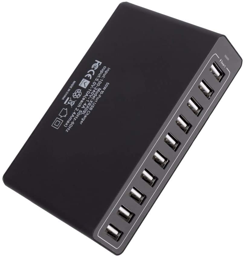 Gowersdee 10-Port 50W USB Station Hub AC Power Fast Charge for Smartphone Tablet Adapter Black 