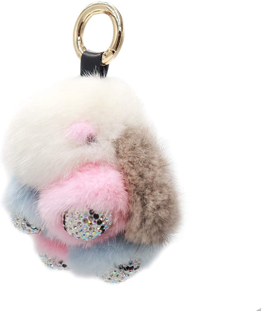 surell Genuine Fox Fur Baby Keychain Blue Fluffy Pom-Pom Bag Purse Charm