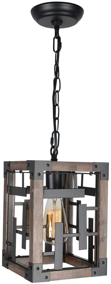 Beuhouz Square Hanging Farmhouse Pendant Light Fixture Metal And Wood Rustic Kitchen Island Lighting Small Industrial Black Metal Cage Entry Hallway Porch Lantern Light 1 Light Edison E26 8050 Pendant Lamps Dhgate Com